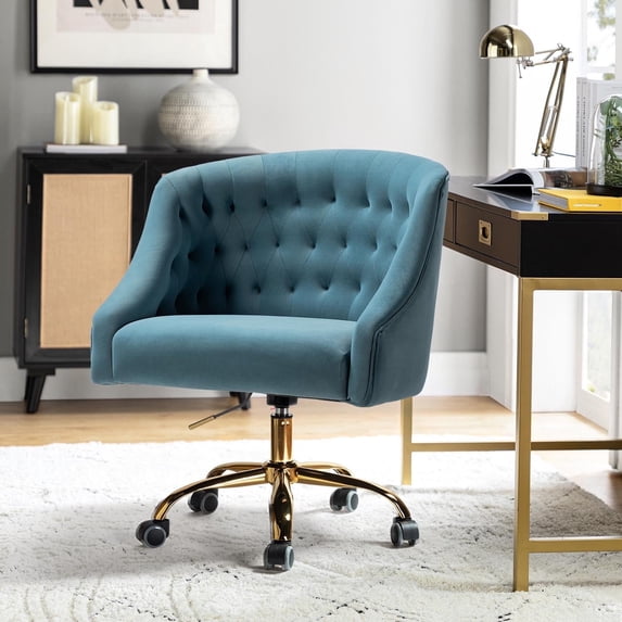 Luxury Modern Velvet Office Chair Swivel Adjustable Desk Chair with Gold Legs for Office Makeup Vanity Blue