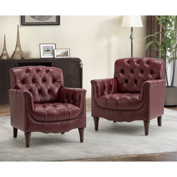 Mid century Modern Genuine Leather Armchair Set of 2, Beige