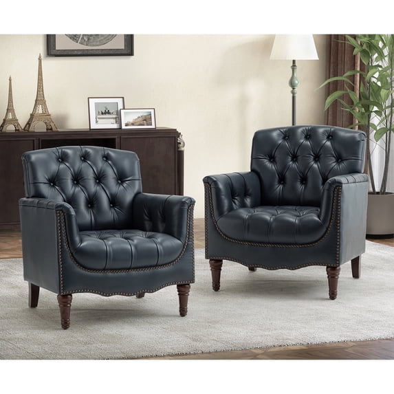 Mid century Modern Genuine Leather Armchair Set of 2, Navy