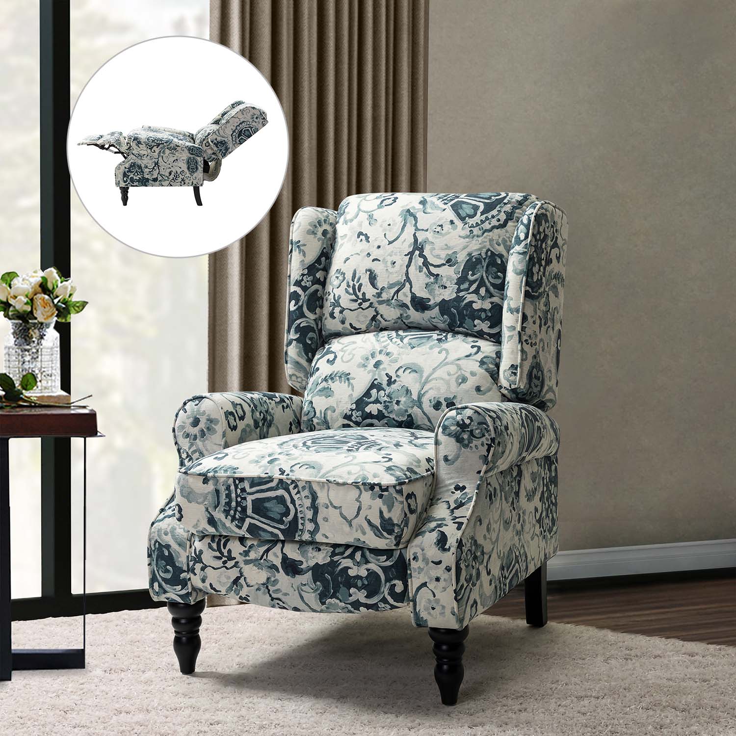 Arm Pushing Recliner Chair, Modern Button Tufted Wingback Manual Push