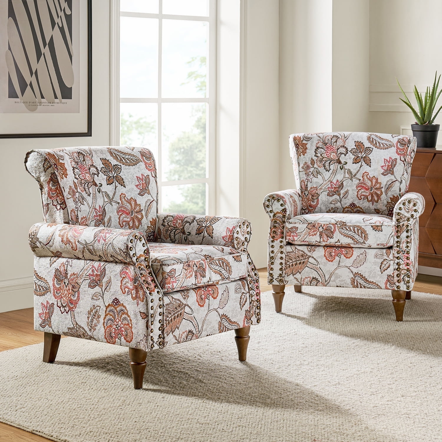 Pink Floral Polyester Armchair Set with Nailhead Trim
