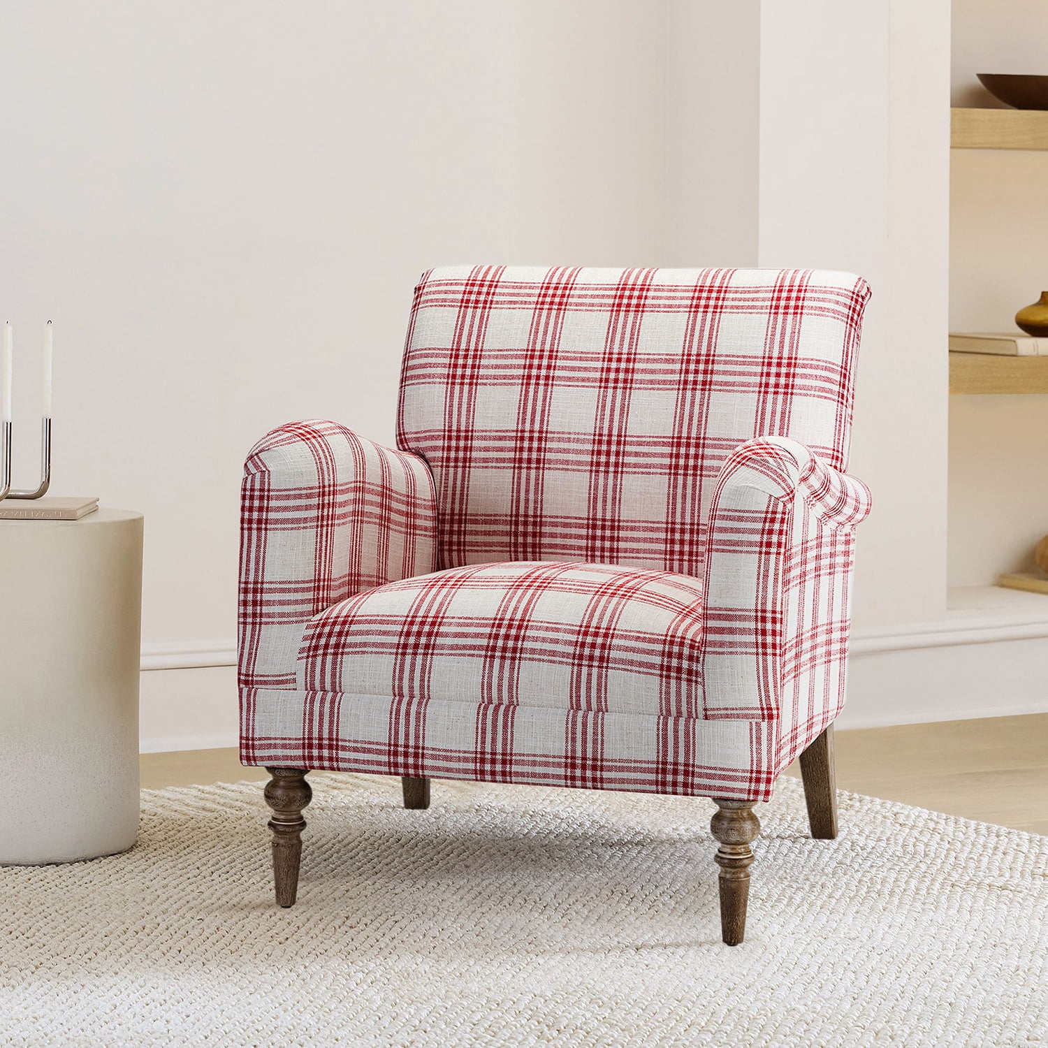 Plaid Accent Chair Wooden Legs Upholstered Armchair Sofa Bedroom Home