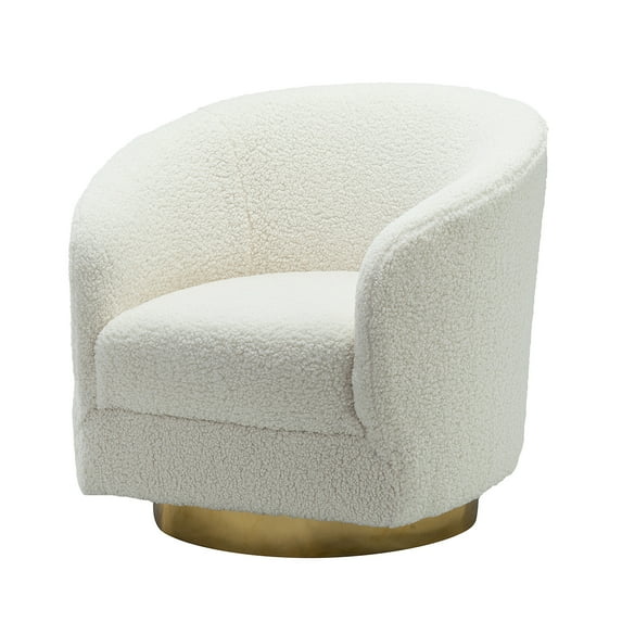 14 Karat Home Sherpa Swivel Barrel Chair Upholstered White Accent Armchairs Metal Golden Base Bedroom Living Room Ivory