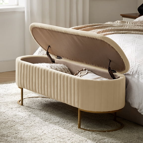 50.5" Upholstered Storage Bench For End of Bed Entryway Bedroom Ottoman Beige