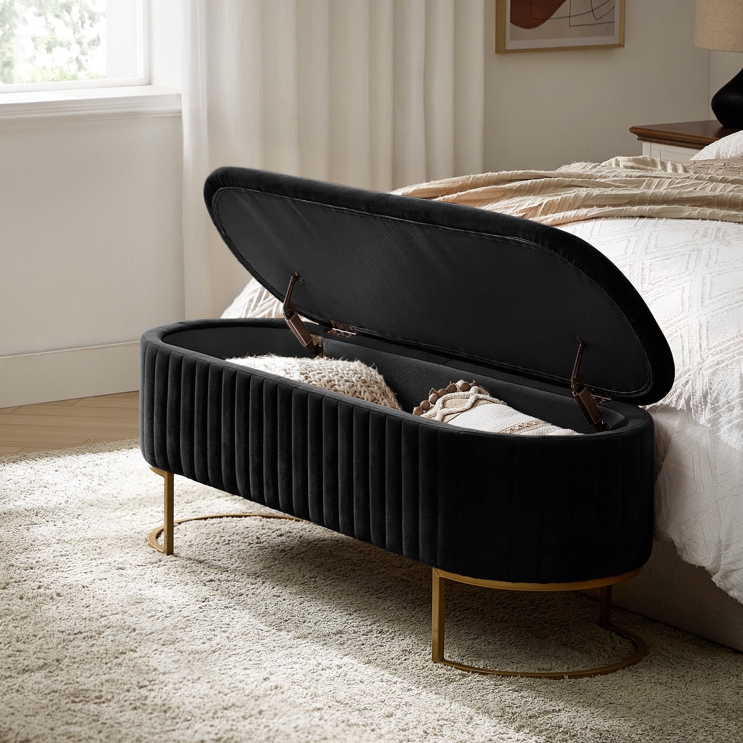 50.5" Upholstered Storage Bench For End of Bed Entryway Bedroom Ottoman Black