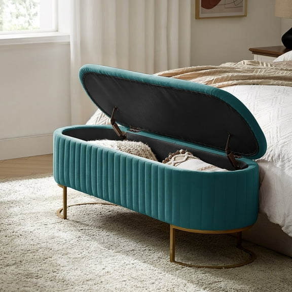 50.5" Upholstered Storage Bench For End of Bed Entryway Bedroom Ottoman Teal