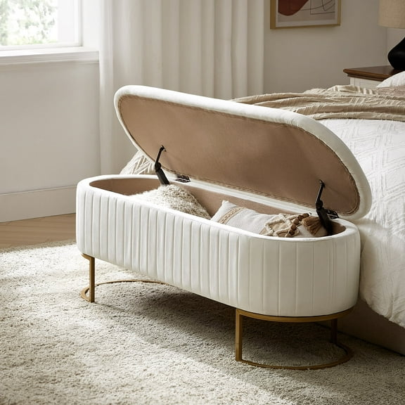 50.5" Upholstered Storage Bench For End of Bed Entryway Bedroom Ottoman Ivory