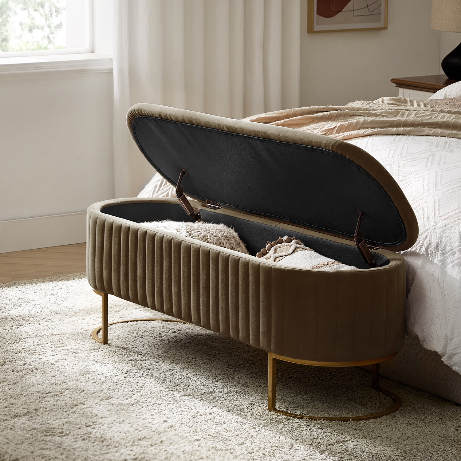 50.5" Upholstered Storage Bench For End of Bed Entryway Bedroom Ottoman Brown