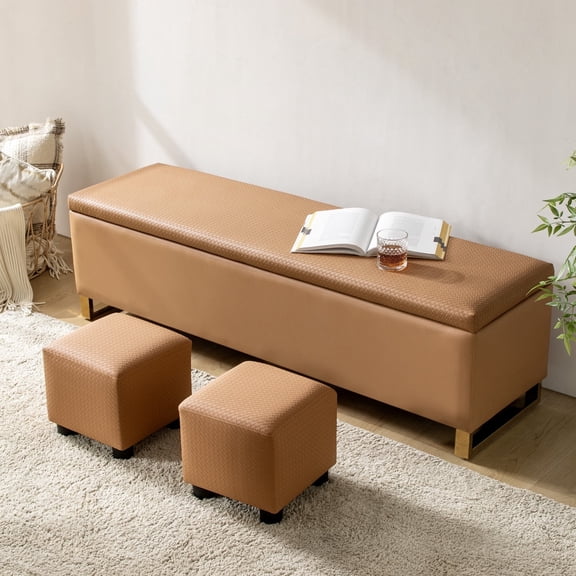 Tina's Home 60" Storage Bench Ottoman with 2 Footstools Stainless steel legs cushion with diamond-shaped woven pattern Bedroom Camel