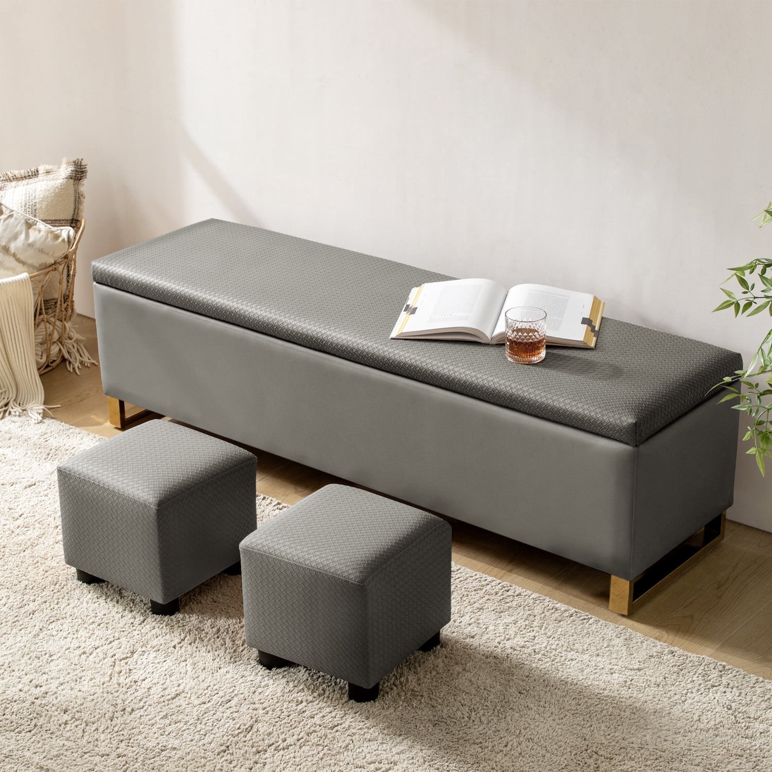 Tina's Home Storage Bench with 2 Nesting Ottomans,  Upholstered Entryway Bench with Stainless Steel Legs Modern Seating for Living Room, Bedroom  Grey