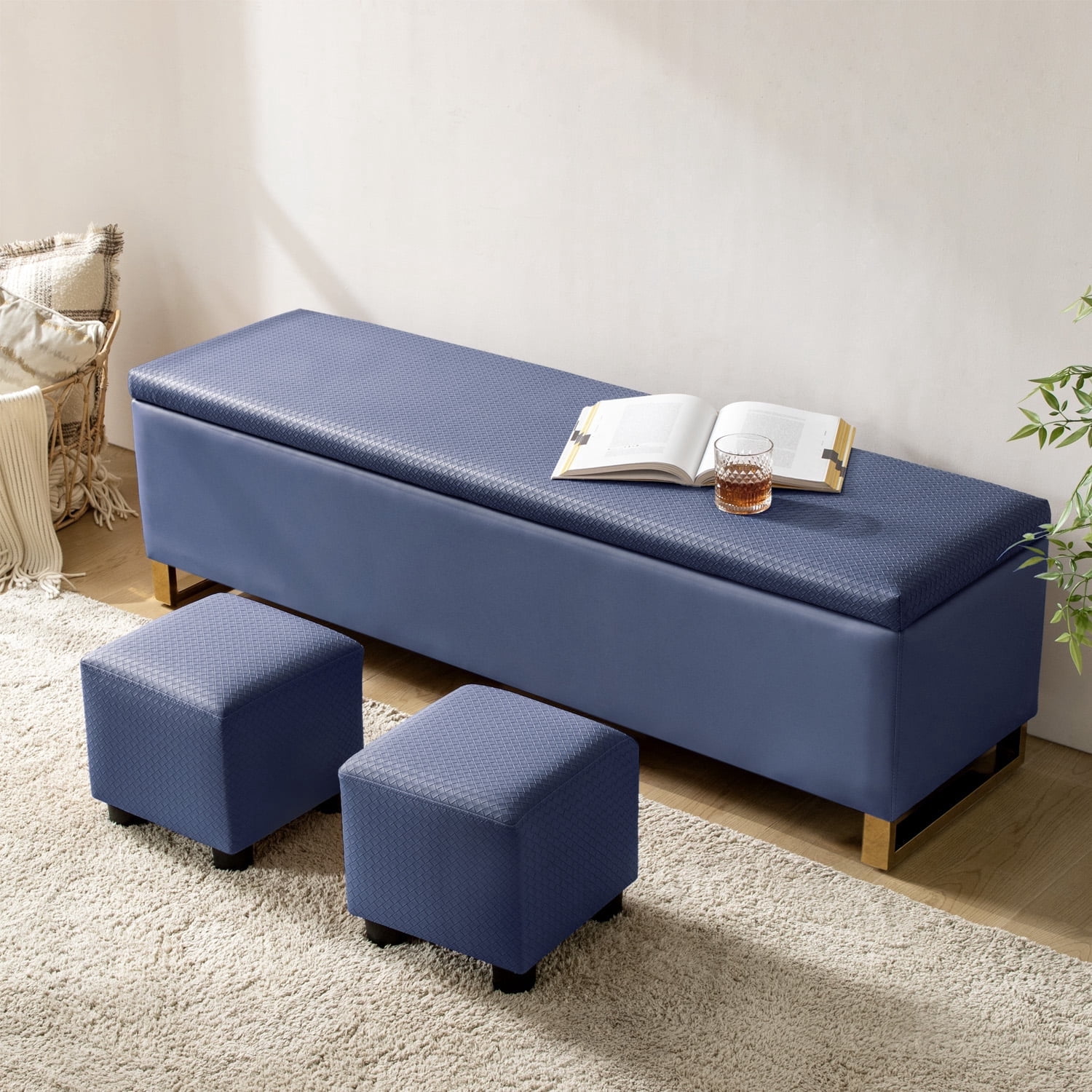 Tina's Home Storage Bench with 2 Ottomans,  Upholstered Entryway Bench with Stainless Steel Legs Modern Seating for Living Room, Bedroom Navy