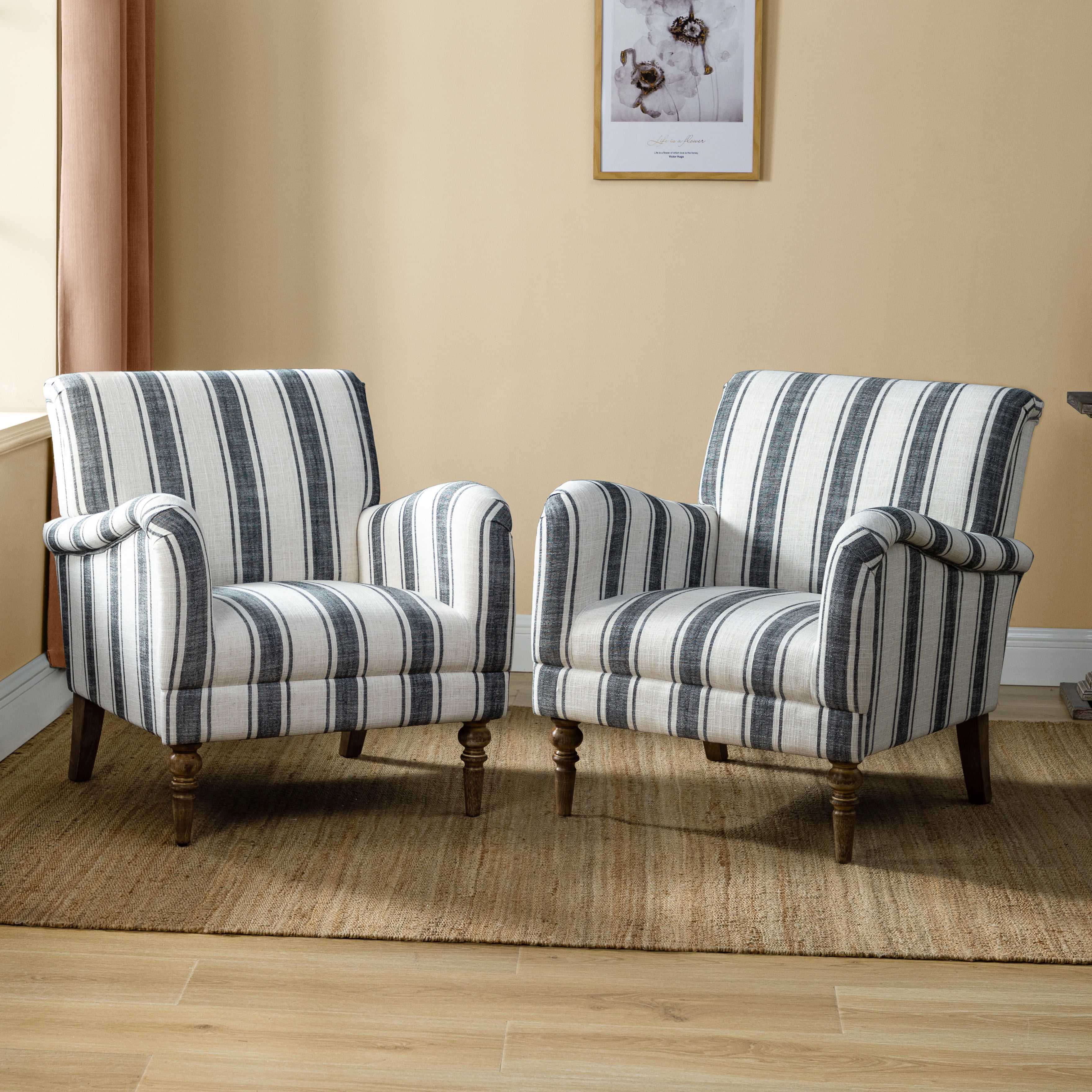 14 Karat Home Stripe Armchairs Set of 2 Rubber Wood Legs Accent Chair