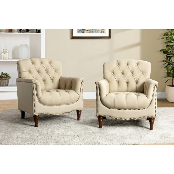 Transitional Genuine Leather Armchairs set of 2 with Nailhead Trims and Tufted Back, BEIGE
