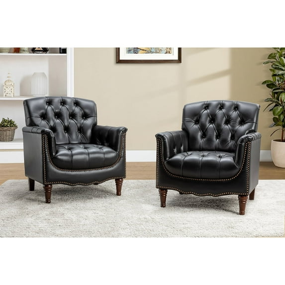 Transitional Genuine Leather Armchairs set of 2 with Nailhead Trims and Tufted Back, BLACK