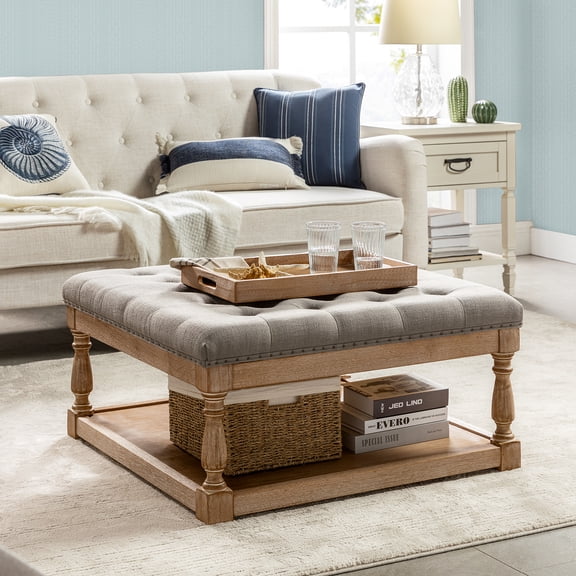 Classic Upholstered Coffee Table with Linen Fabric and Rubber Wood Legs for Living Room Bedroom Gray