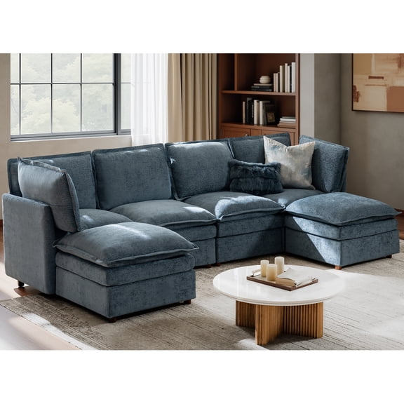 U-Shaped 6 Seater Sectional Sofa with Dual Layer Cushion, Modular Sectional Couch for Living Room/Apartment Blue