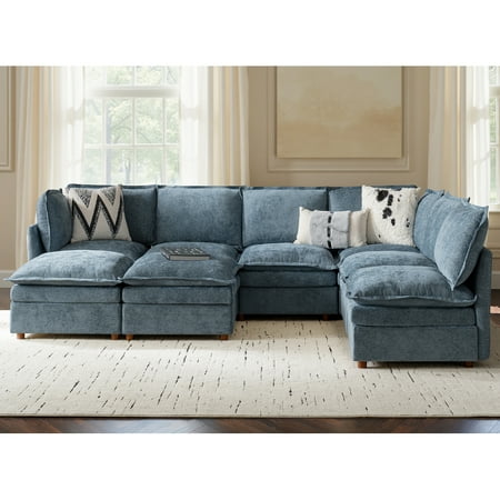 U-Shaped 8 Seater Sectional Sofa with Dual Layer Cushion, Modular Sectional Couch for Living Room/Apartment Blue
