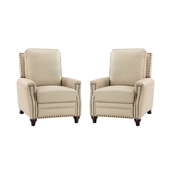Upholstered Genuine Leather Recliner Chair Set of 2 with Solid Wood Legs, Beige