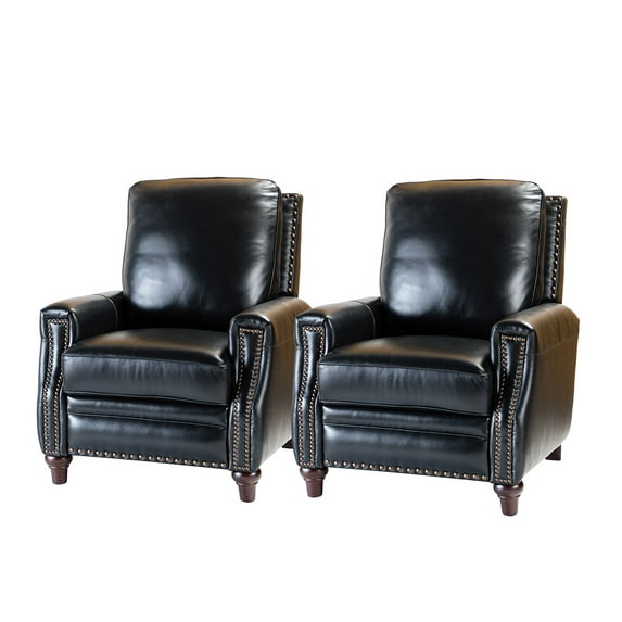 14 Karat Home Upholstered Genuine Leather Recliner Chair Set of 2 with Solid Wood Legs, Black