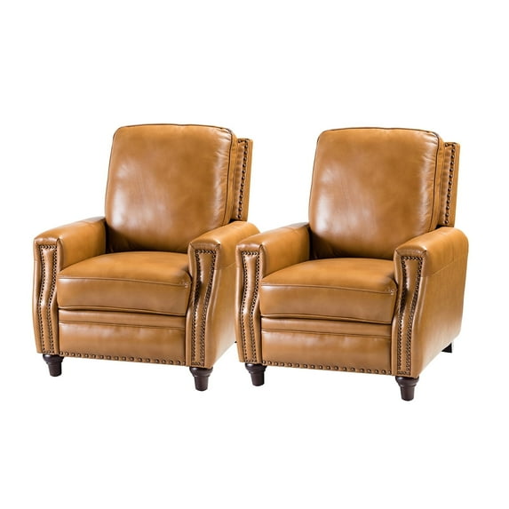 Upholstered Genuine Leather Recliner Chair Set of 2 with Solid Wood Legs, Camel