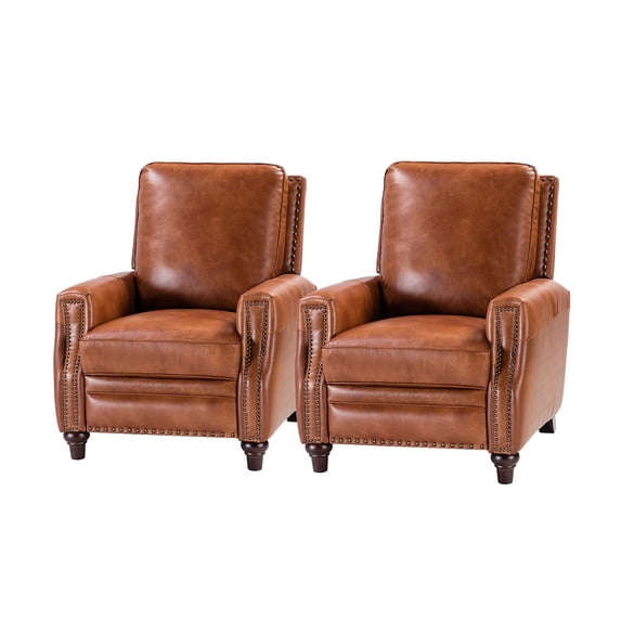 Upholstered Genuine Leather Recliner Chair Set of 2 with Solid Wood Legs, Saddle