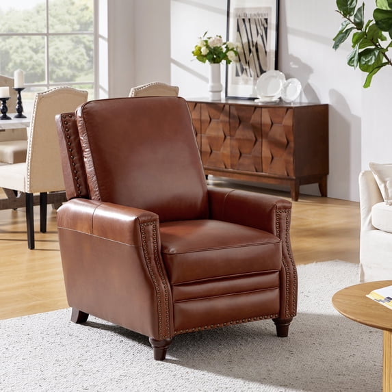 Mid Century Genuine Top Grain Leather Push Back Manual Recliner Chair with Solid Wood Legs for Living Room, Bedroom, Home Theater, Brown