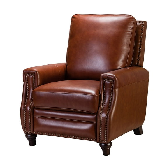 Upholstered Genuine Leather Recliner Chair with Solid Wood Legs, Brown