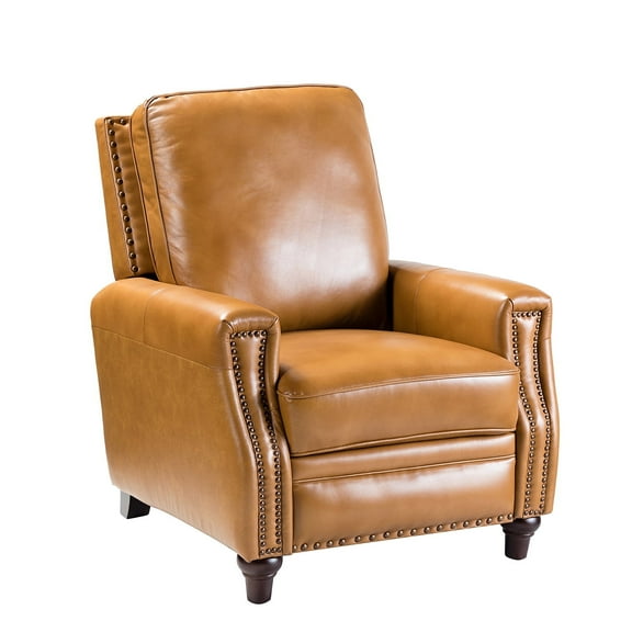 Upholstered Genuine Leather Recliner Chair with Solid Wood Legs, Camel