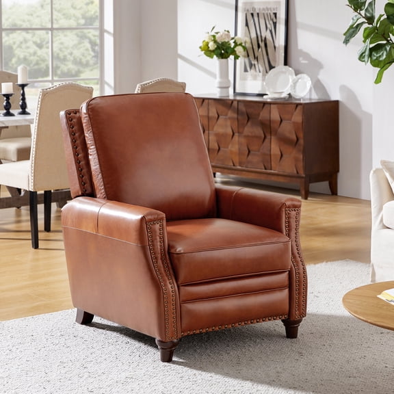 Mid Century Genuine Top Grain Leather Push Back Manual Recliner Chair with Solid Wood Legs for Living Room, Bedroom, Home Theater, Saddle