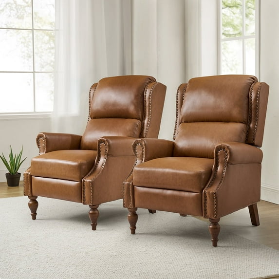 Vegan Leather Manual Recliner Set of 2 Roll Arm Nailhead Wood Leg Living Room Camel