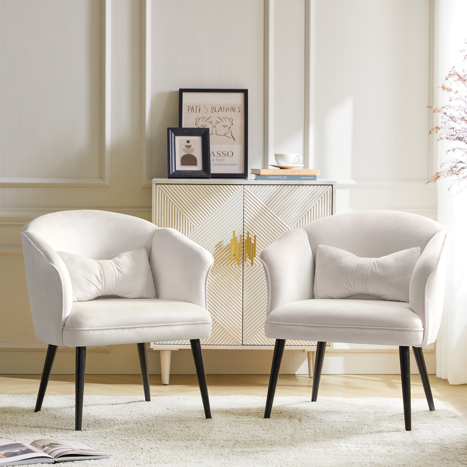 14 Karat Home Velvet Accent Chair Upholstered Armchair Set of 2 for Living Room, Ivory