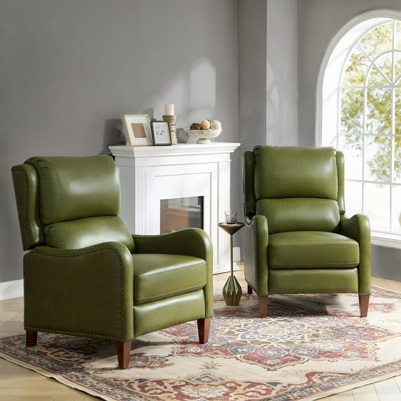 Wingback Genuine Leather Recliner Set of 2 with Nail Head Trim & Tapered Block Feet for Bedroom in Olive