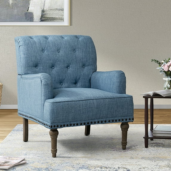 14 Karat Home Wooden Armchair Nailhead Trim Carved Legs Comfy Accent Chair Tufted Back Living Room Blue