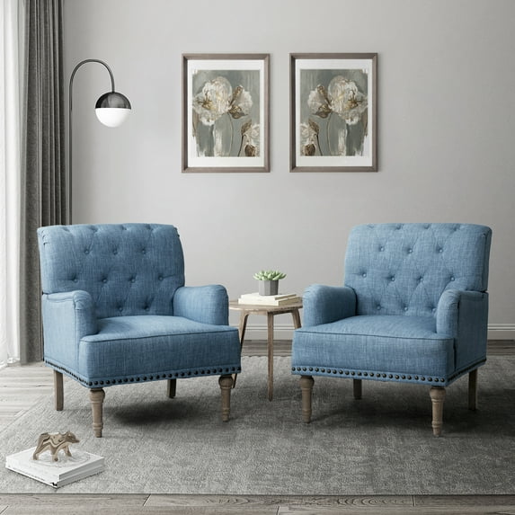 14 Karat Home Wooden Armchairs set of 2 Nailhead Trim Carved Legs Comfy Accent Chair Tufted Back Living Room Blue