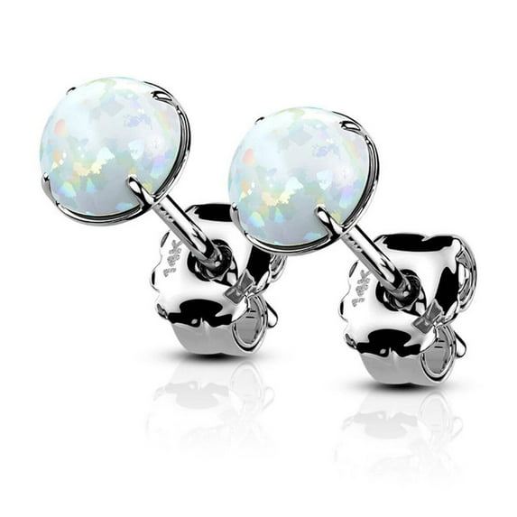 14 Karat Solid Gold Earring Stud 20 Gauge with Prong Set Opal - Pair
