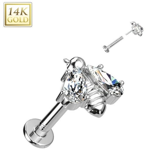14 Karat Solid Gold Labret / Monroe Stud 18 Gauge 8 MM Bee CZ Wings