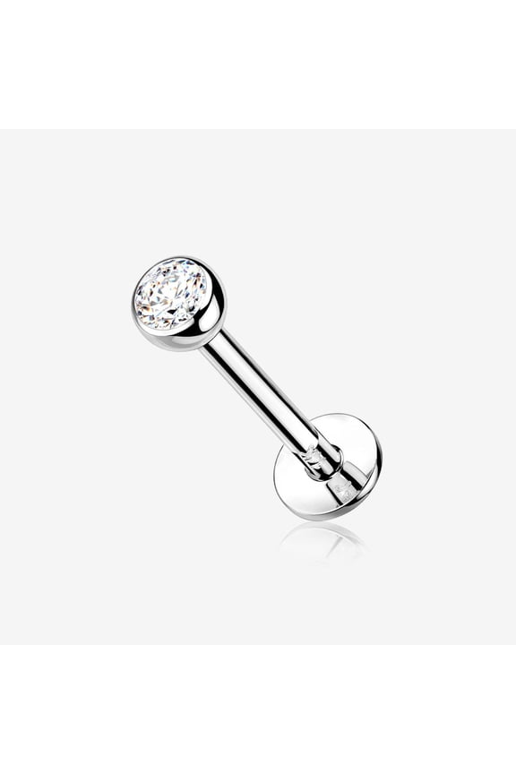 14 Karat White Gold OneFit Threadless Bezel Set Gem Top Flat Back Stud Labret