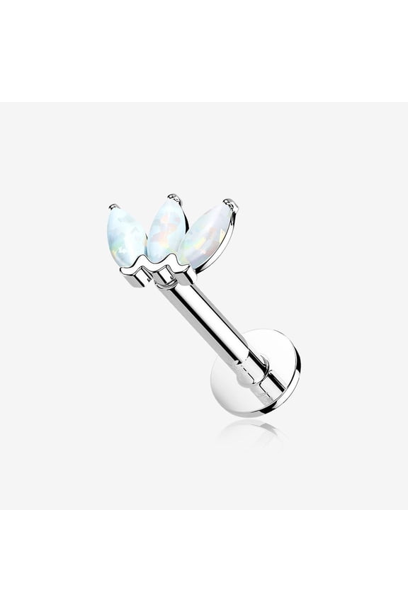 14 Karat White Gold OneFit Threadless Triple Marquise Fire Opal Flower Flat Back Stud Labret