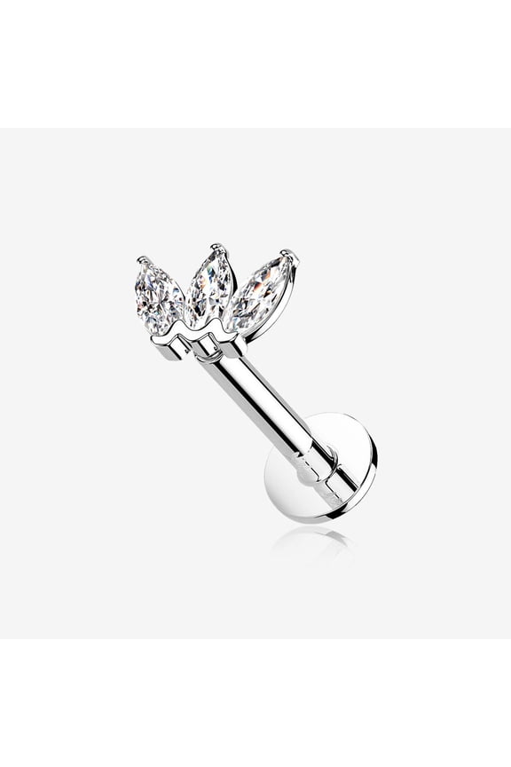 14 Karat White Gold OneFit Threadless Triple Marquise Sparkle Flower Flat Back Stud Labret
