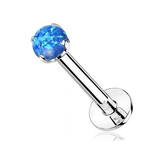 14 Karat White Gold Prong Set Fire Opal Top Threadless Push-In Flat Back Stud Labret-Blue