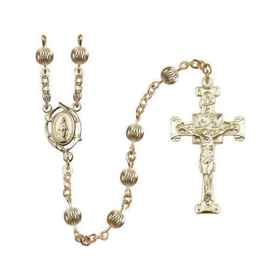 14 Karat Yellow Gold Rosary 6mm 14 Karat Yellow Gold Corregated beads Crucifix sz 1 3/4 x 7/8. Miraculous medal charm