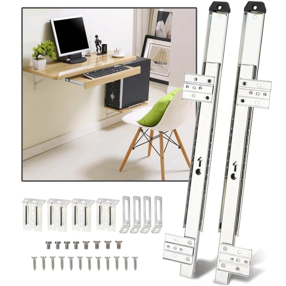 14" Keyboard Slide Heavy Duty Ball Bearing Slides Computer Tray Under Desk Rails Rack Cabinet Furniture Drawer Hardware Accessories with Adjustable Height Bracket & L Extension Support Bracket