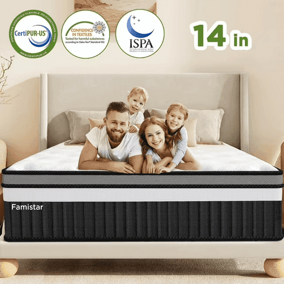 14" King Size Density Memory Foam Mattress, Independent Pocket Springs, Hypoallergenic Soft Knit Fabric, Cooling Breathable Design