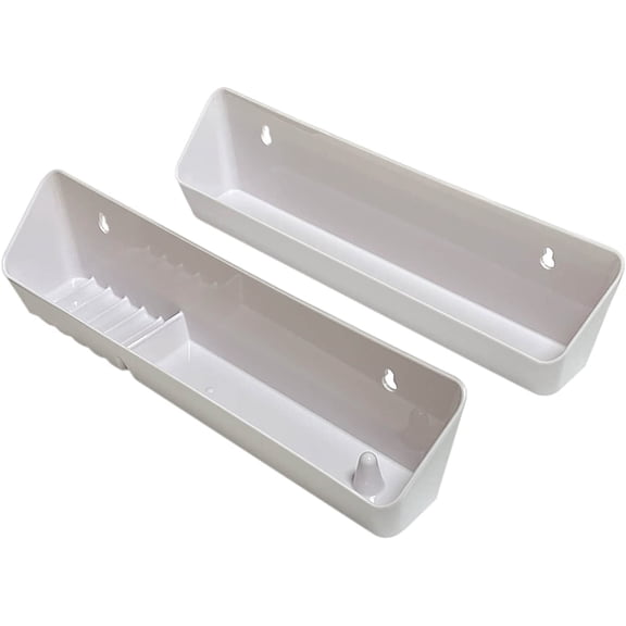 14" Kitchen Sink Front Tip-Out Accessory Trays with Mounting Screws, White, 2 Pack (Conventional Open Tray and Accessory Tray with Ring Holder and Soap Dish) Hinges are Not Included
