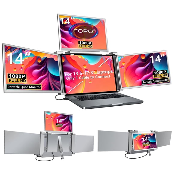 14" Laptop Screen Extender Monitor Portable, Quad Monitor, Just 1 Cable for 3 Screens, FHD 1080P IPS Laptop Extender Compatible with Wins/Mac(M1 M2 M3) for 13.6" - 17.3" Laptops