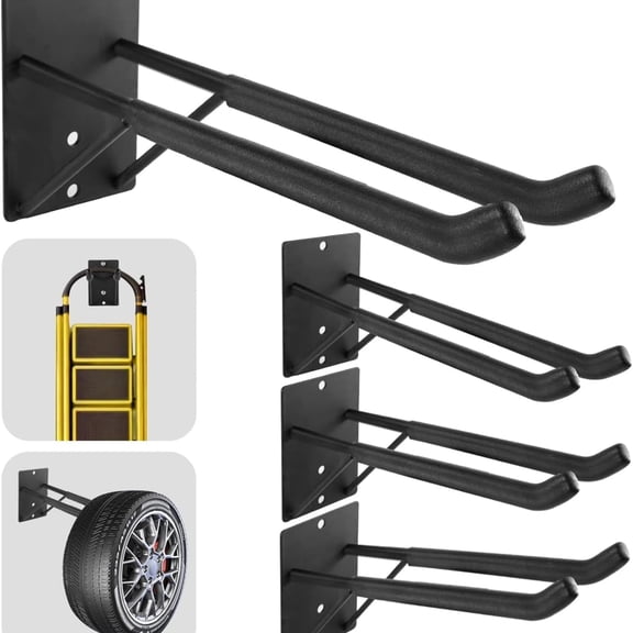 14" Large Heavy Duty Garage Hooks, 4-Pack Steel Garage Storage Hooks with Support Rods, Utility Wall Mount Hangers for Power Tools, Car Tires, Ladders, Chairs, Garden Tools and More