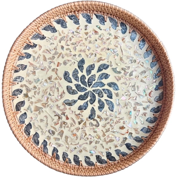 14" Large Rattan Serving Tray with Mother of Pearl, Round Coffee Table Tray Decor, Boho Decorative Hand-Woven Wicker Home Decor (Lucky Flower)