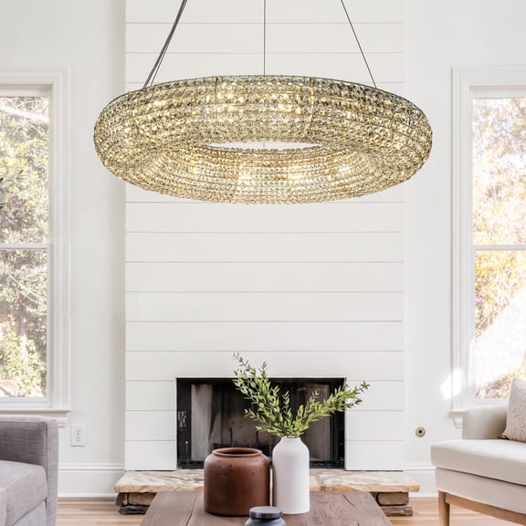 14-Light 31 inch Unique/Statement Soft Gold Wagon Wheel Chandelier With Crystal Beads Accents