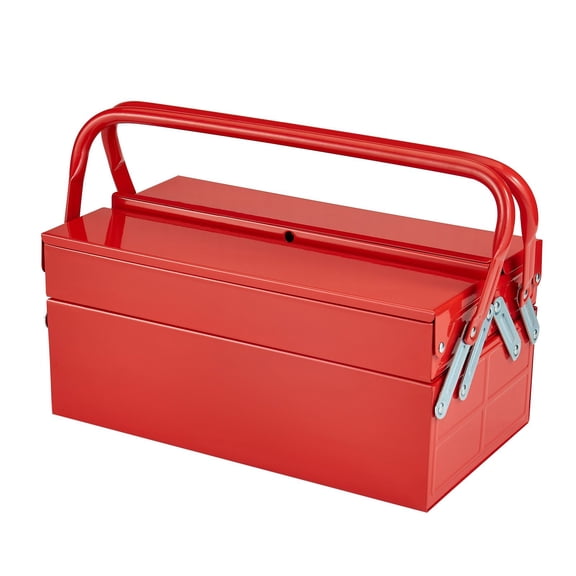 14" Metal Tool Box 2-Tier 3-Tray Folding Chest with Handle & Lock, Steel Cantilever Organizer for Home Garage, Red