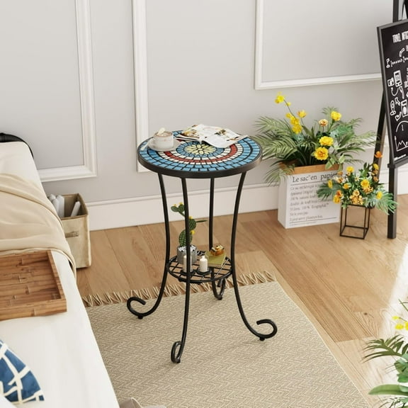 14" Modern Outdoor Round Side Table, Ceramic Top Patio End Table with Metal Frame for Patio, Garden, Indoor, Mosaic Mystique